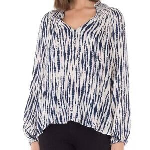 Bobeau Tie Dye Smocked V-Neck Boho Pullover Top Sz XXS/2XS Blue White Pink NWT
